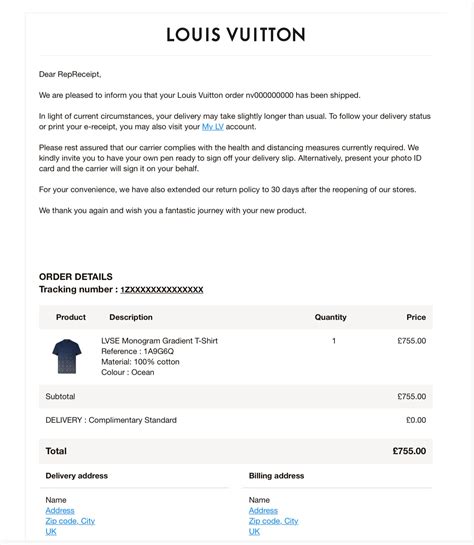 Louis Vuitton email receipt